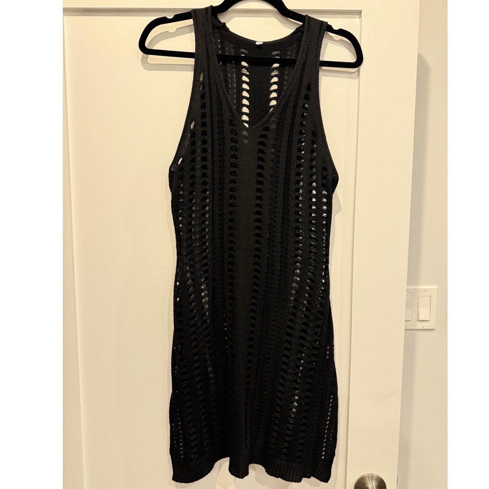 Boho Black Crochet Knit Sleeveless‎ V-Neck Mini Dress Cover Up